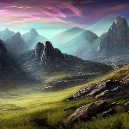 Image similar to The stone landscape with mountains in the background, Sci-Fi fantasy wallpaper, painted, 4k, high detail, sharp focus