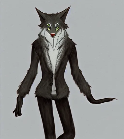 Image similar to expressive stylized master furry artist digital colored pencil painting full body portrait character study of the sergal wolf fursona animal person wearing clothes by master furry artist blotch