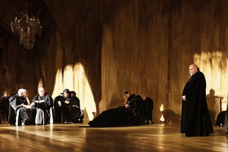 Image similar to a man in black robes interrupts a a dark convention stage podium, under the spotlight by joaquin sorolla, roger deakins, cinematography