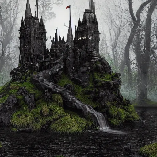 Image similar to full body pose, hyperrealistic photograph of the black castle of rotbog swamp, dim volumetric lighting, 8 k, octane beautifully detailed render, extremely hyper detailed, intricate, epic composition, cinematic lighting, masterpiece, trending on artstation, very very detailed, stunning, hdr, smooth, sharp focus, high resolution, award, winning photo, dslr, 5 0 mm