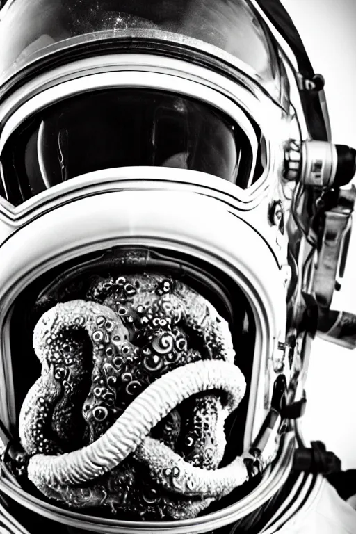 Image similar to extremely detailed studio portrait of space astronaut, alien tentacle protruding from eyes and mouth, slimy tentacle breaking through helmet visor, shattered visor, full body, soft light, disturbing, shocking realization, award winning photo by lisa kristine