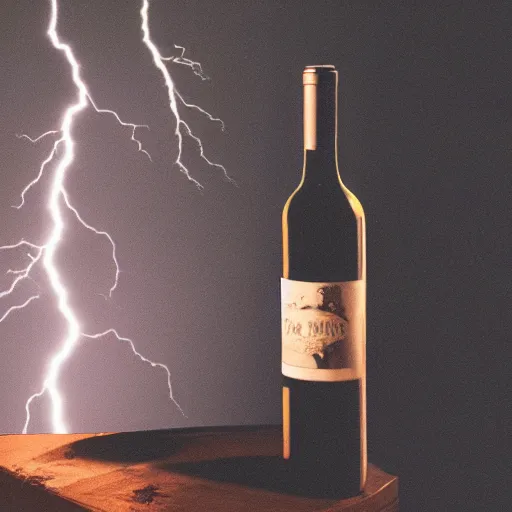 Prompt: still life photograph of a wine bottle filled with lightning