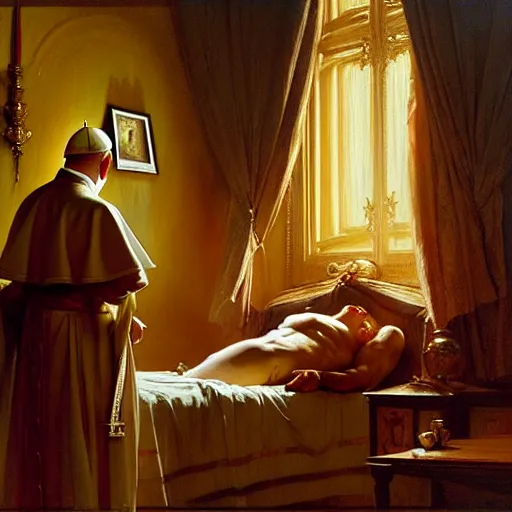 Prompt: the pope wakes up is his bed, sweating, nervous, terrified, because a double horned shadow demon lurks in the wall of the papal bedroom. highly detailed painting by gaston bussiere, j. c. leyendecker, greg rutkowski, craig mullins 8 k