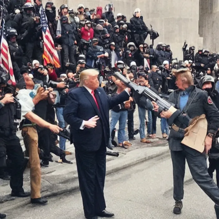 Image similar to a photo of donald trump with a gun in a protest