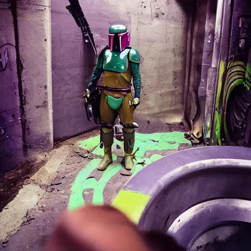 Prompt: boba fett wearing flip flops with purple hair in a sewer, selfie, vintage