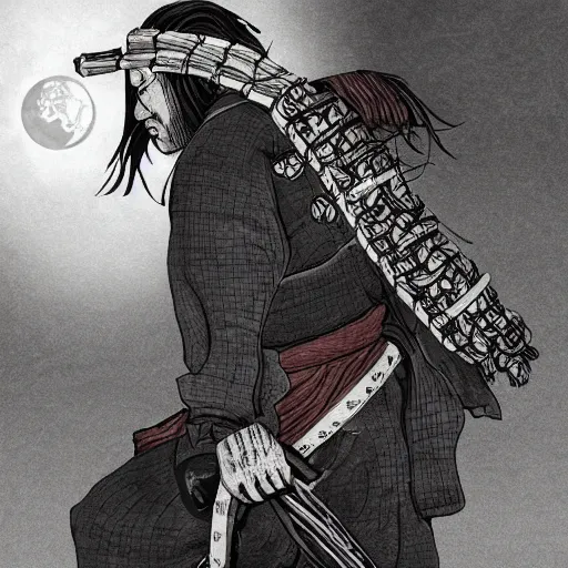 Prompt: A PORTRAIT FROM BEHIND OF A SAMURAI MAN VAGABOND WITH A MOON BEHIND HIM ,THE SAMURAI IS WRAPPED IN CHAINS ,detailed,editorial illustration, matte print, concept art, ink style , sketch , digital 2D