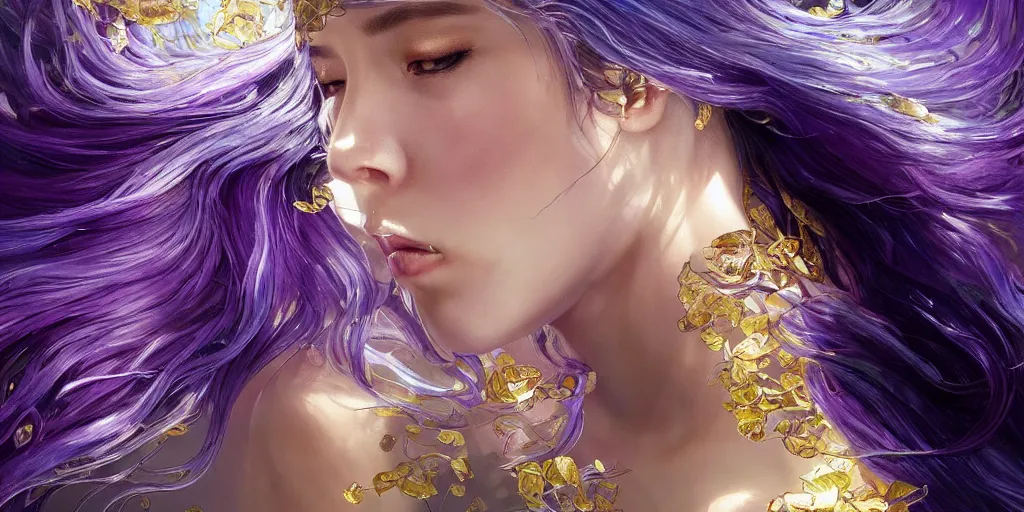 Image similar to wide angle, opalescent purple panther, metallic silver and ice color reflected crystal hair, leaping from babaob tree, fantasy, intricate, very beautiful, elegant, golden light, highly detailed, digital painting, artstation, concept art, smooth, sharp focus, unreal engine, art by wlop and tian zi and alphonse mucha