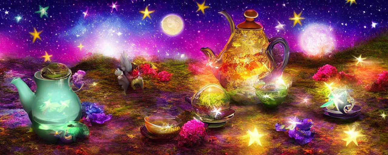 Prompt: high resolution 4k Blessing Tea Cozy night tea fantasy tea dark and colorful, bright sparkling lights realistic night sky, stars, moon, bright crystal lanterns 3d, depth details In the art style of Philip Hyde-H 576