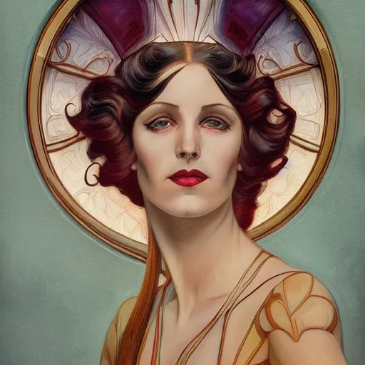 Image similar to an art nouveau, ( streamline moderne ) portrait in the style of donato giancola and anna dittmann and charles dulac. very large, clear, expressive, and intelligent eyes. symmetrical, centered, ultrasharp focus, dramatic lighting, photorealistic digital matte painting, intricate ultra detailed background.