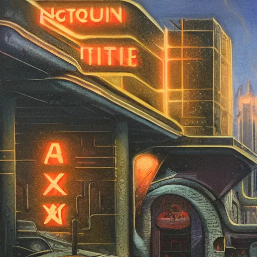 Prompt: painting of a scifi ancient civilzation victorian, brutalist architecture, neon signs