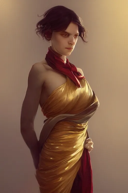 Image similar to a girl wearing a golden dress, grey hair, red necktie, cinematic, stunning, highly detailed, digital painting, artstation, smooth, hard focus, full body shot, illustration, art by artgerm and greg rutkowski and alphonse mucha