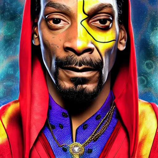 Image similar to multicolor photo of snoop dogg as doctor strange by martin schoeller created at marvel cinematic universe in 4 k ultra high resolution and with portrait, with funny feeling