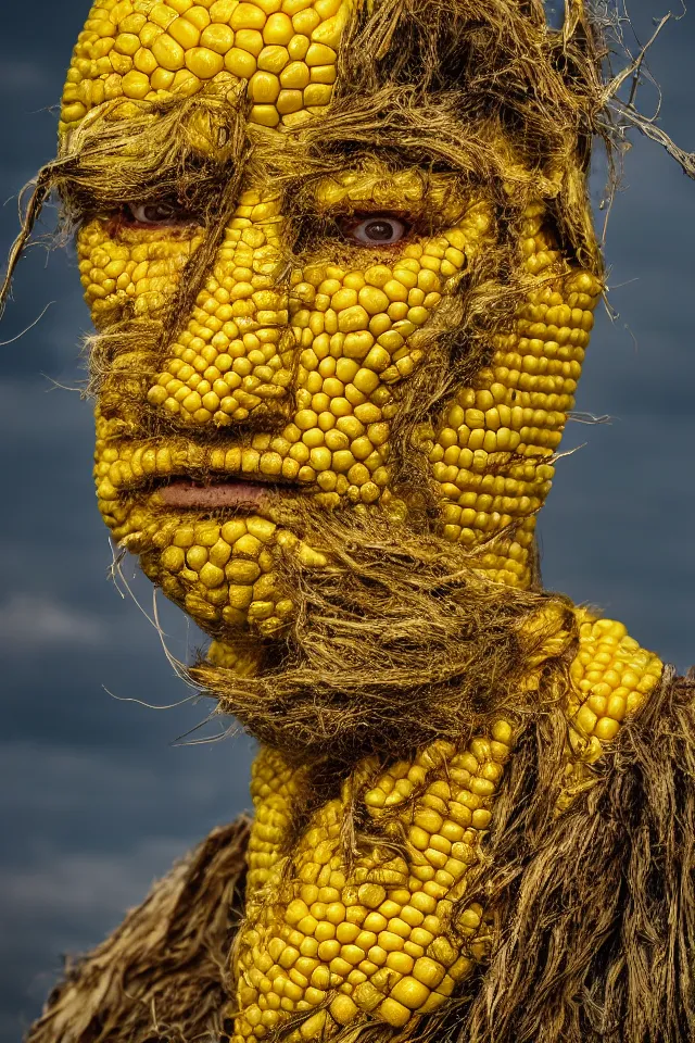 Prompt: portrait of corn - man, a man with skin made of corn, yellow, weird, 4 k