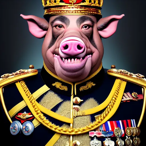 Image similar to a portrait of King Vajiralongkorn with the facial features of a pig, realistic face, grimdark extremely detailed fantasy art by Gerald Brom, octane render