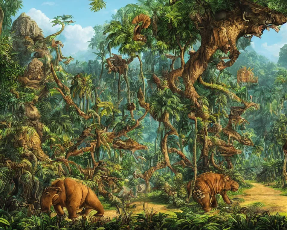 Image similar to the beastlands, megafauna, jungle landscape