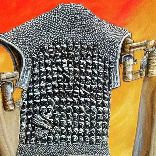 Image similar to detailed painting of a chainmail shirt on top of a blacksmith's anvil