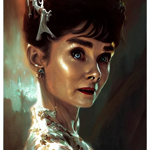 Image similar to audrey hepburn in a horror novel, haunted mansion, various backgrounds, highly detailed, digital painting, artstation, matte, illustration, art by gaston bussiere, greg rutkowski, j. c. leyendecker