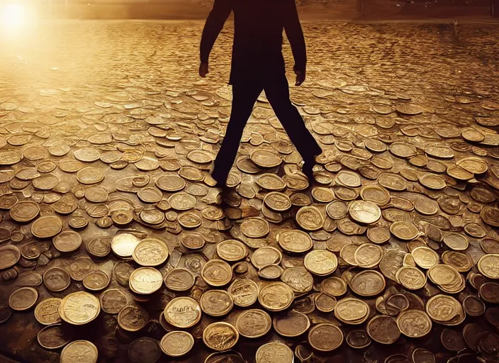 Image similar to a 3 5 mm photo from the back of a man walking over piles of coins, splash art, movie still, bokeh, canon 5 0 mm, cinematic lighting, dramatic, film, photography, golden hour, depth of field, award - winning, anamorphic lens flare, 8 k, hyper detailed, 3 5 mm film grain