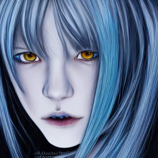 Image similar to drawing of rimuru tempest, sky blue straight hair, long bangs, with amber eyes, wearing a black jacket, high collar, ultra detailed, brush strokes, skin texture, digital painting, cinematic, wlop artstation, closeup, pixiv, eerie, scary, intimidating glare, evil, junji ito, yoshitaka amano