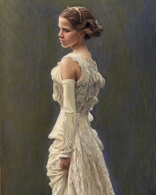 Prompt: an art nouveau painting of a girl resembling alicia vikander or millie bobby brown in a wedding dress, highly detailed, intricate, artstation, by donato giancola