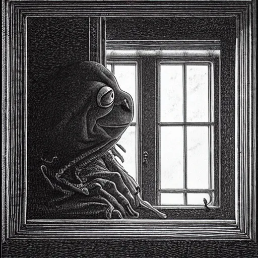 Image similar to traditional portrait of kermit in front of a window, close up, realistic, dramatic light, Chiaroscuro, illustration by Gustave Doré