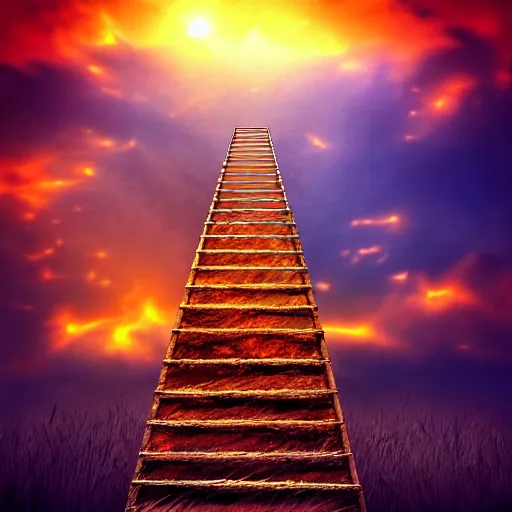 Image similar to hell landscape, a tall ladder leading to heaven above, high quality, realistic