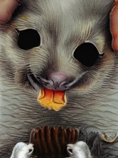 Image similar to 3 blind mice eating chicken, high detail, character, 3D, dark dull colors, photo realistic,