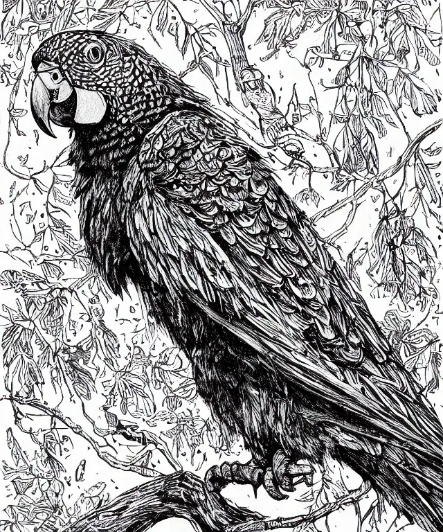 Prompt: a spot illustration of an undead parrot by john blanche, ian miller, karl kopinski, aeron alfrey, highly detailed, black micron pen, black and white, vignette illustration, white background