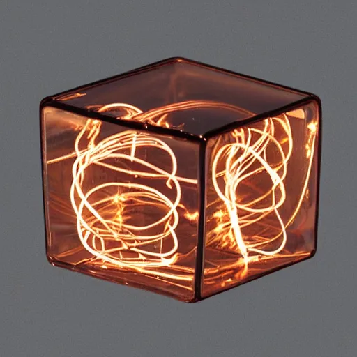 Prompt: a transparent cube containing copper coils and small lights