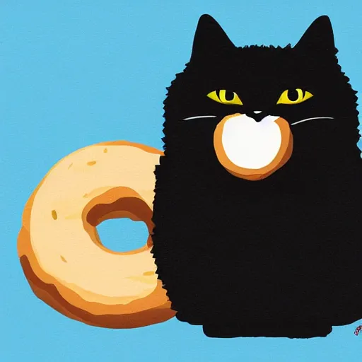 Image similar to a black fluffy cat holding a bagel, digital art