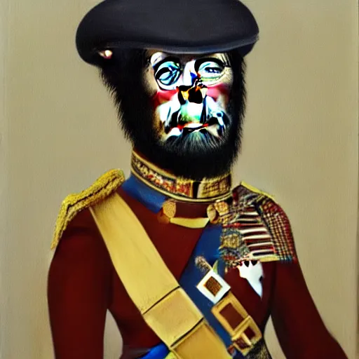 Image similar to An exquisite modern painting of a chimpanzee dressed like a bearded Napoleon with correct military uniform, no frames