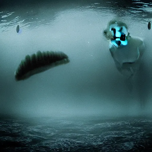 Image similar to sea monster about to eat pov underwater, pale skin, dark yellowish water, foggy water, dark, dramatic,'silent hill ', big eyes, alluring and terrifying, cinematic