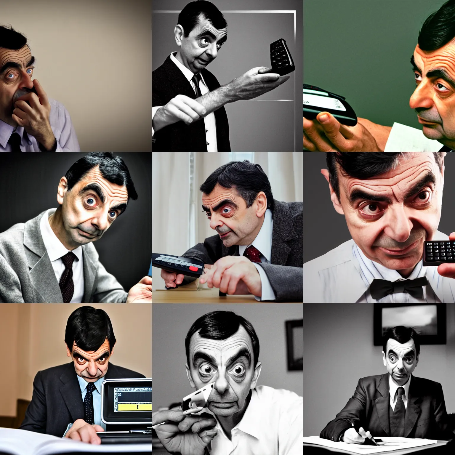 Prompt: dramatic photo of mr bean trying to use calculator