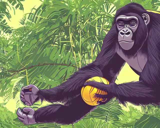 Prompt: a gorilla holding a volleyball and playing volleyball in a jungle, volleyball net, digital illustration, in the style of artgerm, high detail