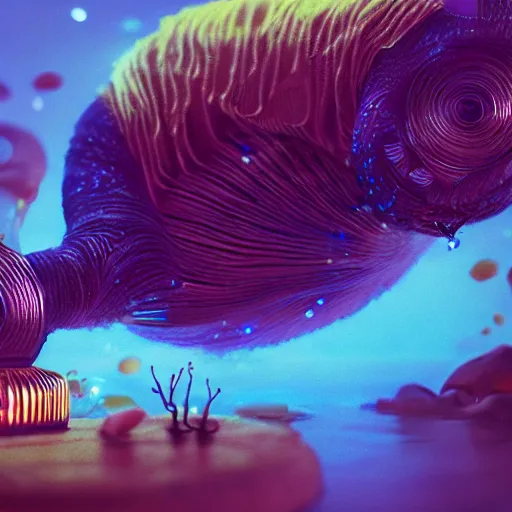 Image similar to cardboard camera, floating, extreme closeup, center frame, symmetric, rim light, marine microbiology, bioluminescence, electric, fur, soft, concept art, intricate details, highly detailed, colorful, photorealistic, disney pixar, octane render, iridescent, anime, 8 k