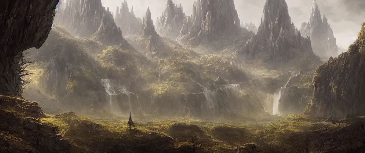 Image similar to amazing concept painting, by Jessica Rossier and HR giger and Beksinski, A gleaming white opera hall fortress overlooks a fertile valley, brutalist deak ferrand Jean-pierre Ugarte bases, Rivendell Himeji, hallucination, garden of eden