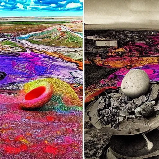 Image similar to life before birth and death after destruction, surreal and colorful