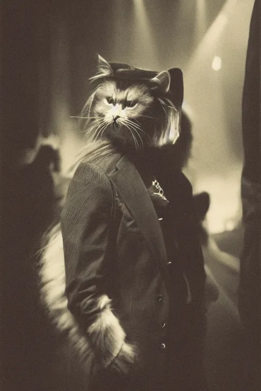 Image similar to of a gangster guy with the head of a british longhair cat, wearing vest suite in the night club, by greg rutkowski 3 5 mm photograph