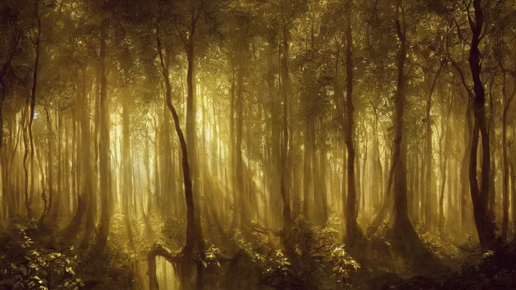 Image similar to A Leonardo da Vinci oil painting of a hauntingly beautiful elven forest in the morning; rays of light coming through the canopy; trending on artstation; extraordinary masterpiece!!!!!!; 8k