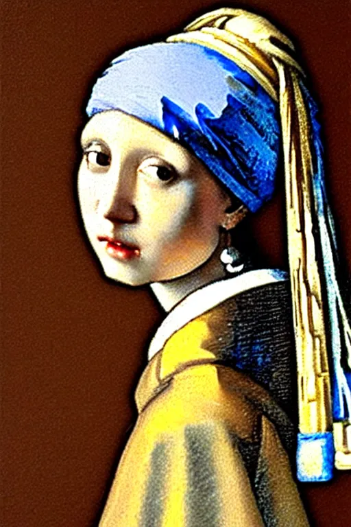 Prompt: Girl with a pearl earring by Mucha,Reference to johannes vermeer.