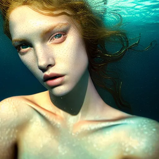 Image similar to photographic portrait of a stunningly beautiful siren renaissance female, underwater, in soft dreamy light at sunset, contemporary fashion shoot, by edward robert hughes, annie leibovitz and steve mccurry, david lazar, jimmy nelsson, extremely detailed, breathtaking, hyperrealistic, perfect face, octane render