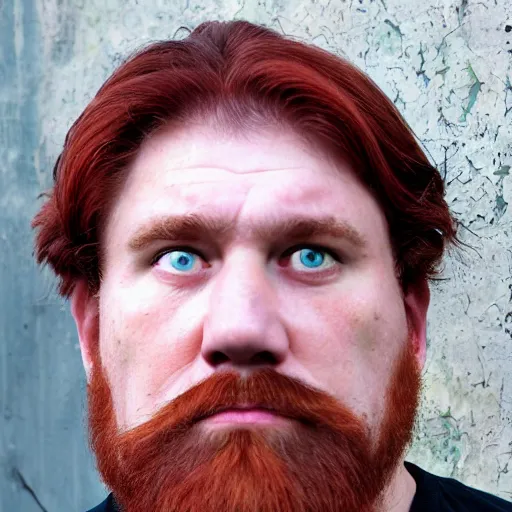 Prompt: burly russian man with large jaw, medium - length red hair, short goatee, innocent green eyes, and broad shoulders