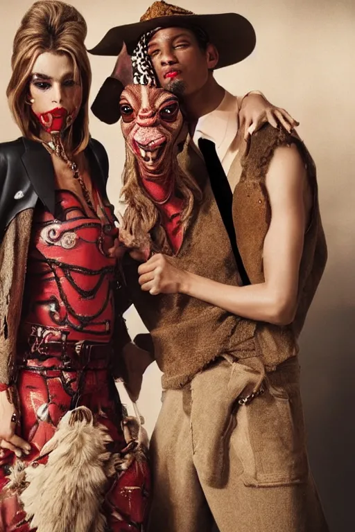 Image similar to dolce & gabbana campaign featuring jar jar binks as a female cowgirl, long eyeslashes, huge juicy lips, big seductive eyes, shot by mario testino, realistic vfx simulation