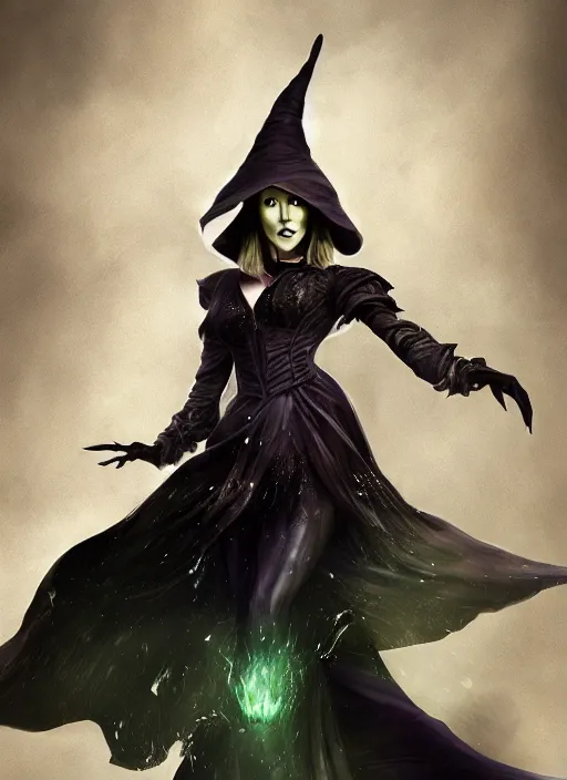 Image similar to beautiful female wicked witch, kate beckinsale as the wicked witch of the west, full body character concept, armor, super powers, fantasy, intricate, elegant, highly detailed, digital painting, artstation, concept art, shining, sharp focus, illustration, art by stanley lau