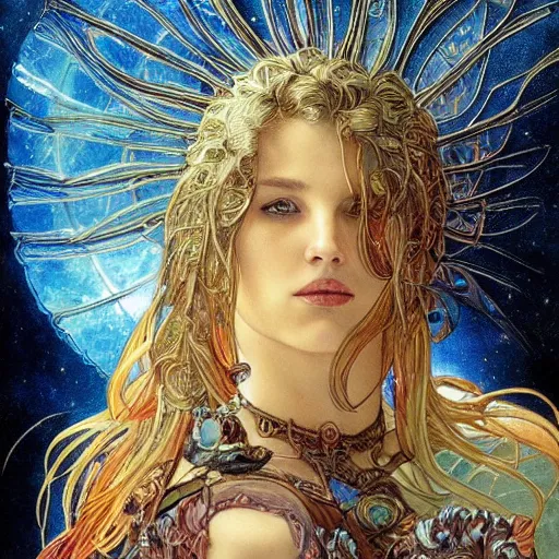 Image similar to portrait of Phoenix made with burning feather by Jeff Easley and Peter Elson + beautiful eyes, beautiful face + symmetry face + border and embellishments inspiried by alphonse mucha, fractals in the background, galaxy + baroque, gothic, surreal + highly detailed, intricate complexity, epic composition, magical atmosphere + masterpiece, award winning + trending on artstation