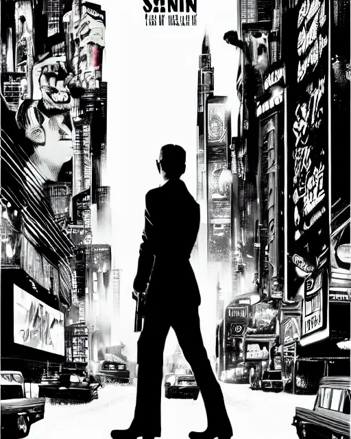 Prompt: film still from sin city, portrait of megan fox private detective standing on a blade runner street corner, detailed illustration, digital art, trending on artstation, frank miller, martin ansin, comic book cover, film noir,