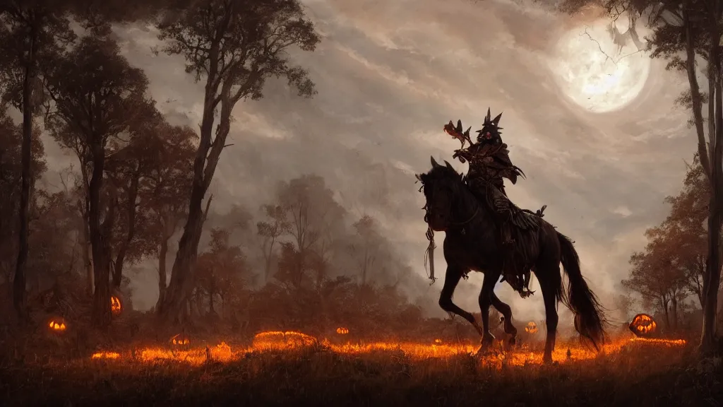 Image similar to a colonial rider!!!! with jack - o - lantern head on lone rampant!!! ( ( black horse ) ) with fiery eyes, background gnarled trees and large supermoon, in the styles of greg rutkowski, keith parkinson, and john quidor, intricate, detailed, volumetric lighting