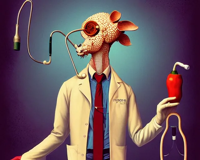 Prompt: anthropomorphic art of a pepper doctor wearing lab coat and stethoscope by artgerm victo ngai ryohei hase artstation. fractal papers