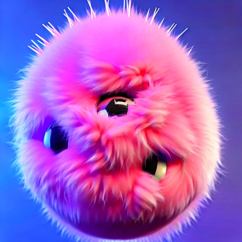 Image similar to high quality 3 d render hyperrealistic very cute big spherical creature, whiskers, plush mascot, short spiky dense fluffy smooth hair, isometric 3 d, psychedelic lighting pink fluffy fur 1 cm long, 1 5 0 mm, smooth background, artstation, ultra detailed, elegant, ultra detailed, octane render