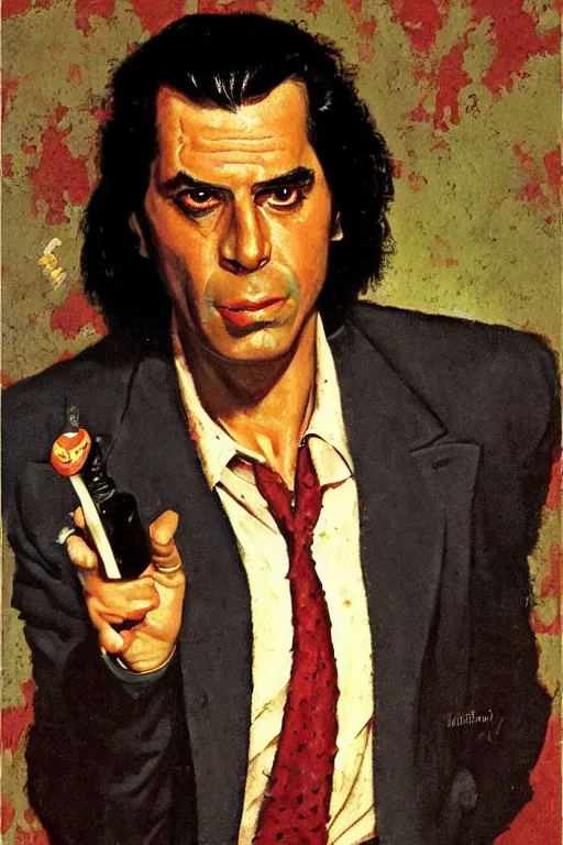 Image similar to Vincent Vega from Pulp Fiction painted by Norman Rockwell